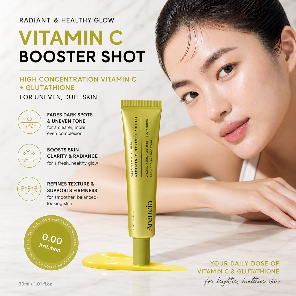 A cosmetic tube labeled 'Arenia Vitamin C Booster Shot' stands on a yellow gel pad against a light marble surface, with a woman's face and hand visible in the background. Text on the ad highlights high-concentration vitamin C and glutathione for uneven, dull skin.