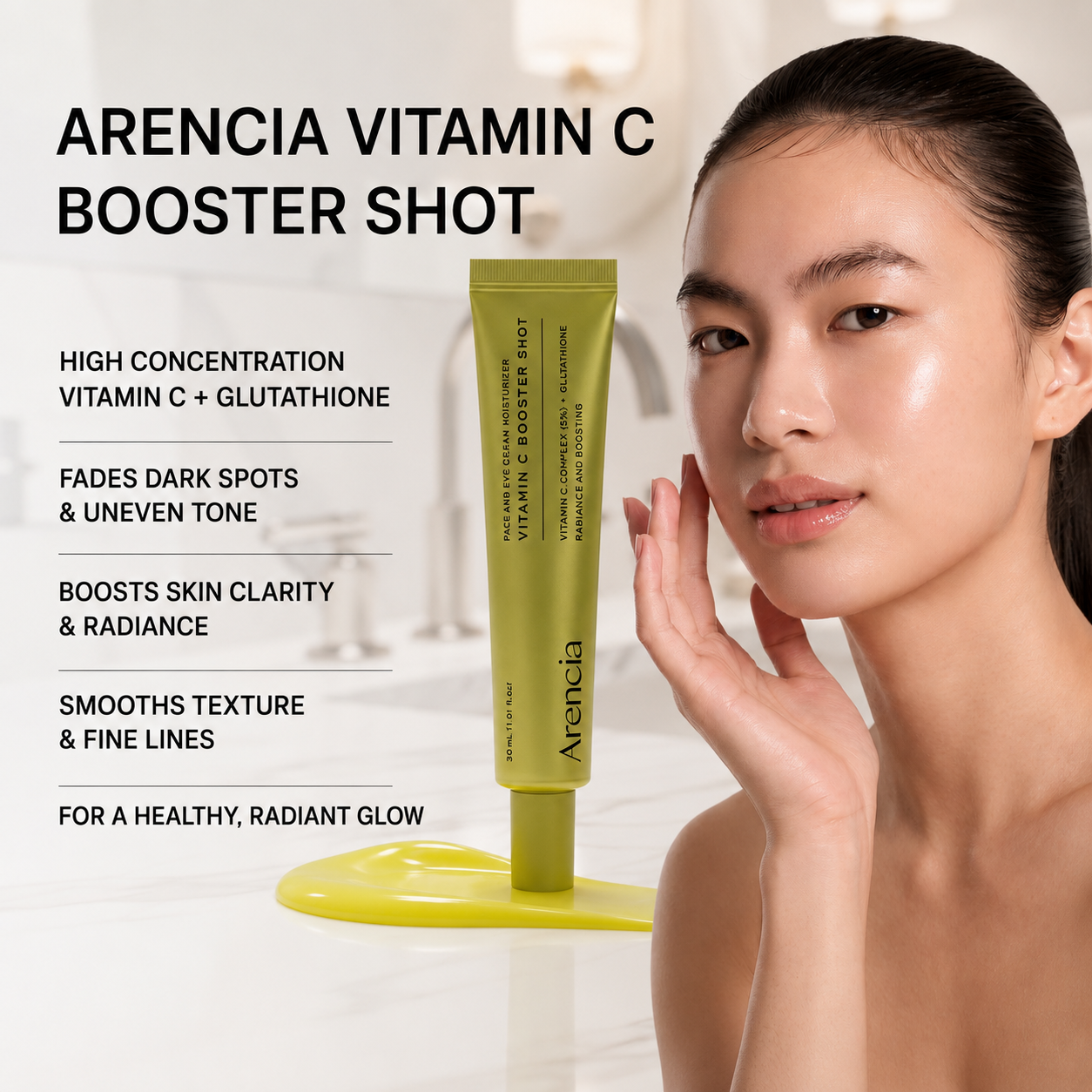 Arencia Vitamin C Booster Shot skincare ad showing a woman touching her face beside a yellow-green tube of the product, with text listing benefits like high concentration vitamin C and glutathione.