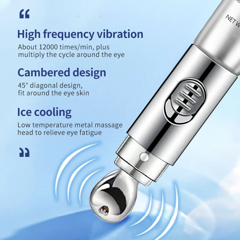 High frequency vibration anti-aging eye massage tool features cambered design and ice cooling for effective revitalizing eye cream application.