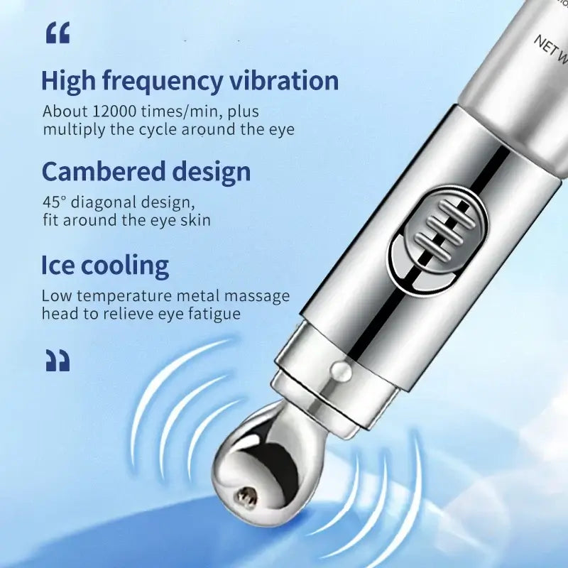 High frequency vibration anti-aging eye massage tool features cambered design and ice cooling for effective revitalizing eye cream application.